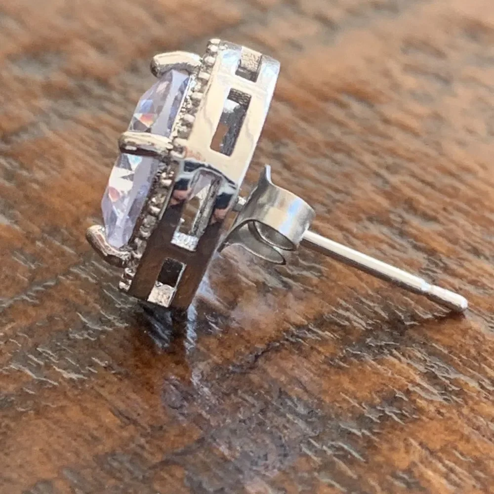 Men's Square CZ Stud Earrings – Silver Tone Halo Design with Pavé Detail